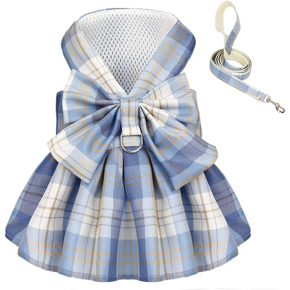 Plaid Dog Dress Harness with Leash Set – Adjustable Doggie Summer Dresses image 2