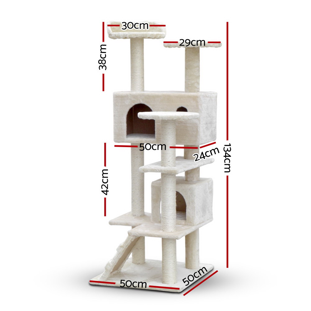 i.Pet Cat Tree 134cm Tower Scratching Post Scratcher Wood Condo House Bed Beige image 2
