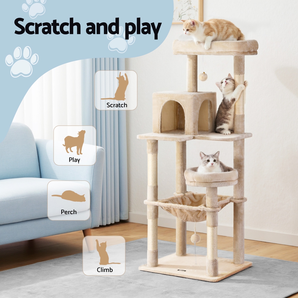 i.Pet Cat Tree 143cm Tower Scratching Post Trees Scratcher Condo House Beige image 4