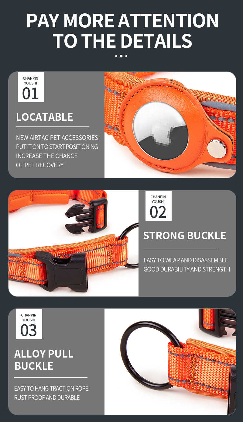 Size M Orange Reflective Adjustable Anti-Lost Pet Collar (For Apple AirTag - Collar Only image 8