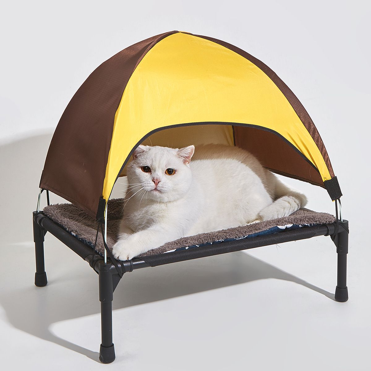 Elevated Pet Cot with Detachable Canopy and Plush Mat, Yellow image 3