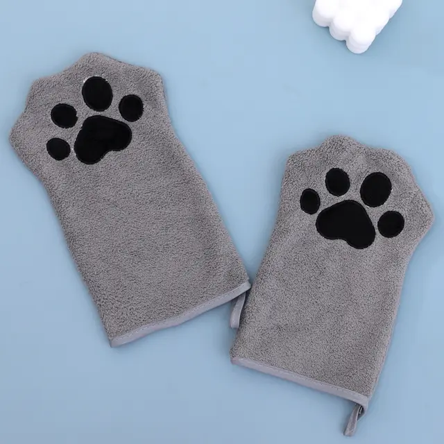 Adorable Pet Paw Grooming & Drying Mitt - Super Absorbent Fleece Material, Gray