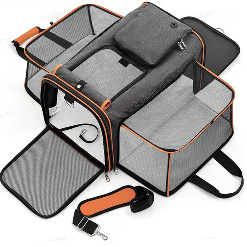 Gray Orange Foldable Portable Pet Carrier Bag - Large Capacity Travel Backpack for…