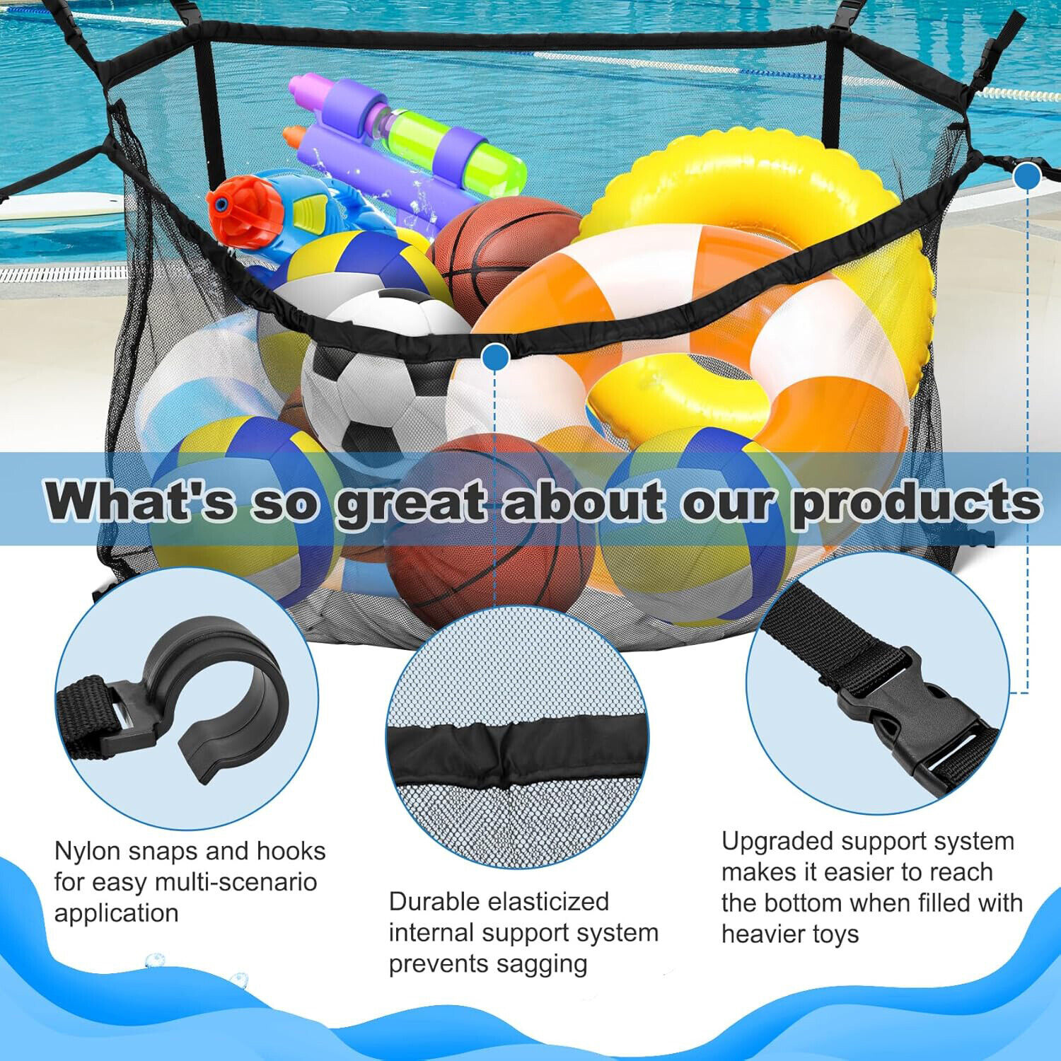 145x145CM Heavy Duty Pool Toy Storage Net Bag Adjustable Organizer image 7