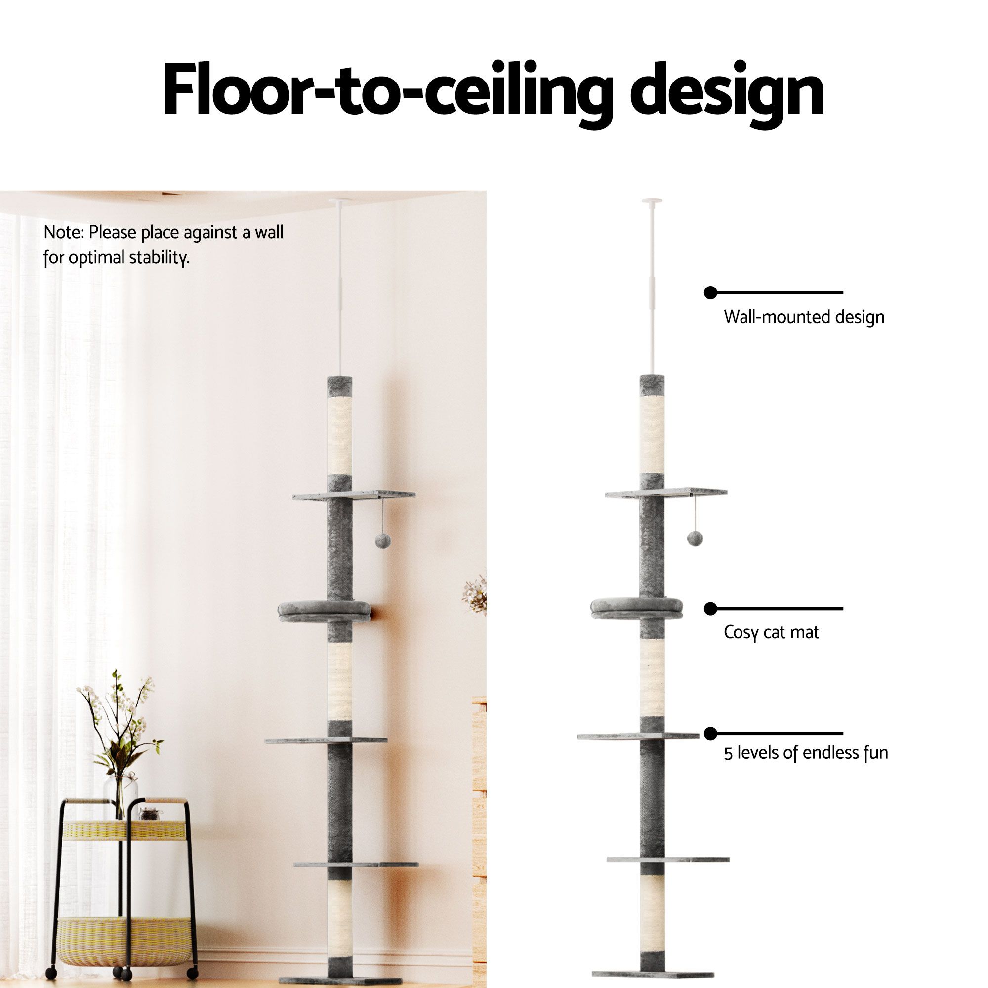 i.Pet Cat Tree 290cm Tower Scratching Post Scratcher Floor to Ceiling Cats Bed image 4