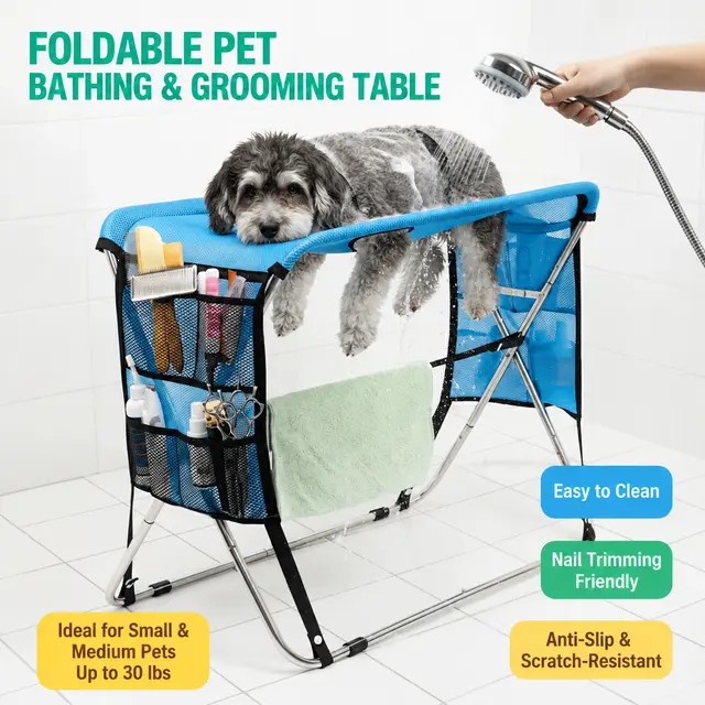 Foldable Pet Grooming Table with Stainless Steel Frame and Breathable Mesh Surface for…
