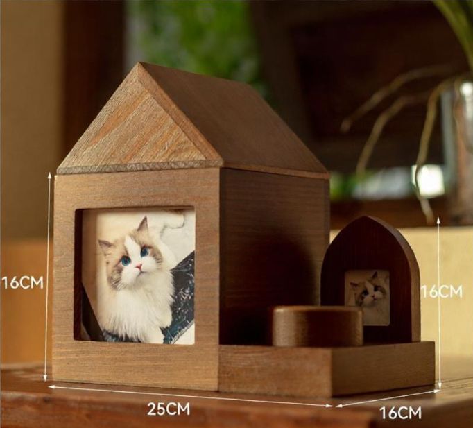 Pet Urn Nostalgia Passing Away Dog Cat Cabin Urn with Photo Frame Pet Coffin - Brown… image 6