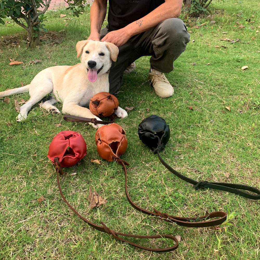 Black Durable Leather Dog Training Ball with Loop Handle - Interactive Bite & Tug Toy… image 4