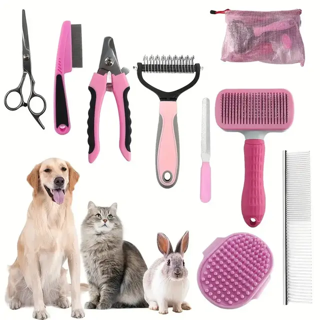 Pink Professional 9-Piece Pet Grooming Kit - DeShedding Brushes
