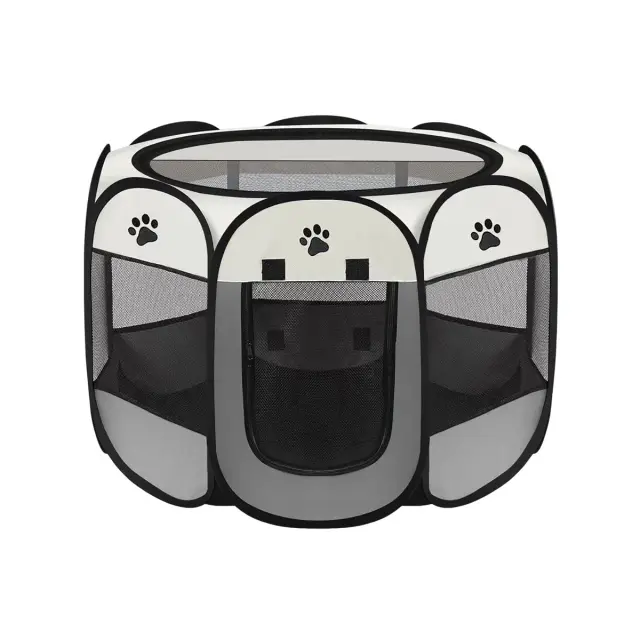 Pet Fence Indoor Cat Dog Tent Octagonal Fence Portable Foldable Cage Kennel - L-Coffee