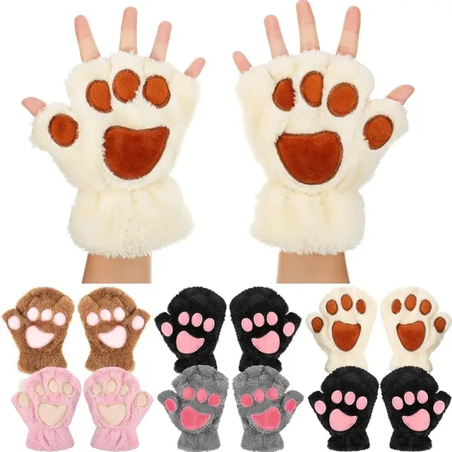 Cat Paw Gloves Cute Kitten Furry Paws Costume Winter Fingerless Mitten Glove for Kids…