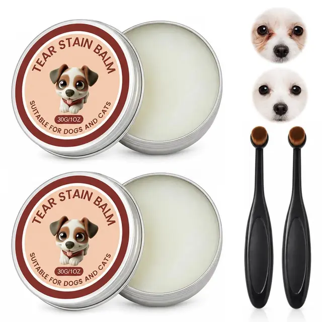 2 Pcs Tear Stain Remover Balm for Dogs & Cats with Pro Powder Brush