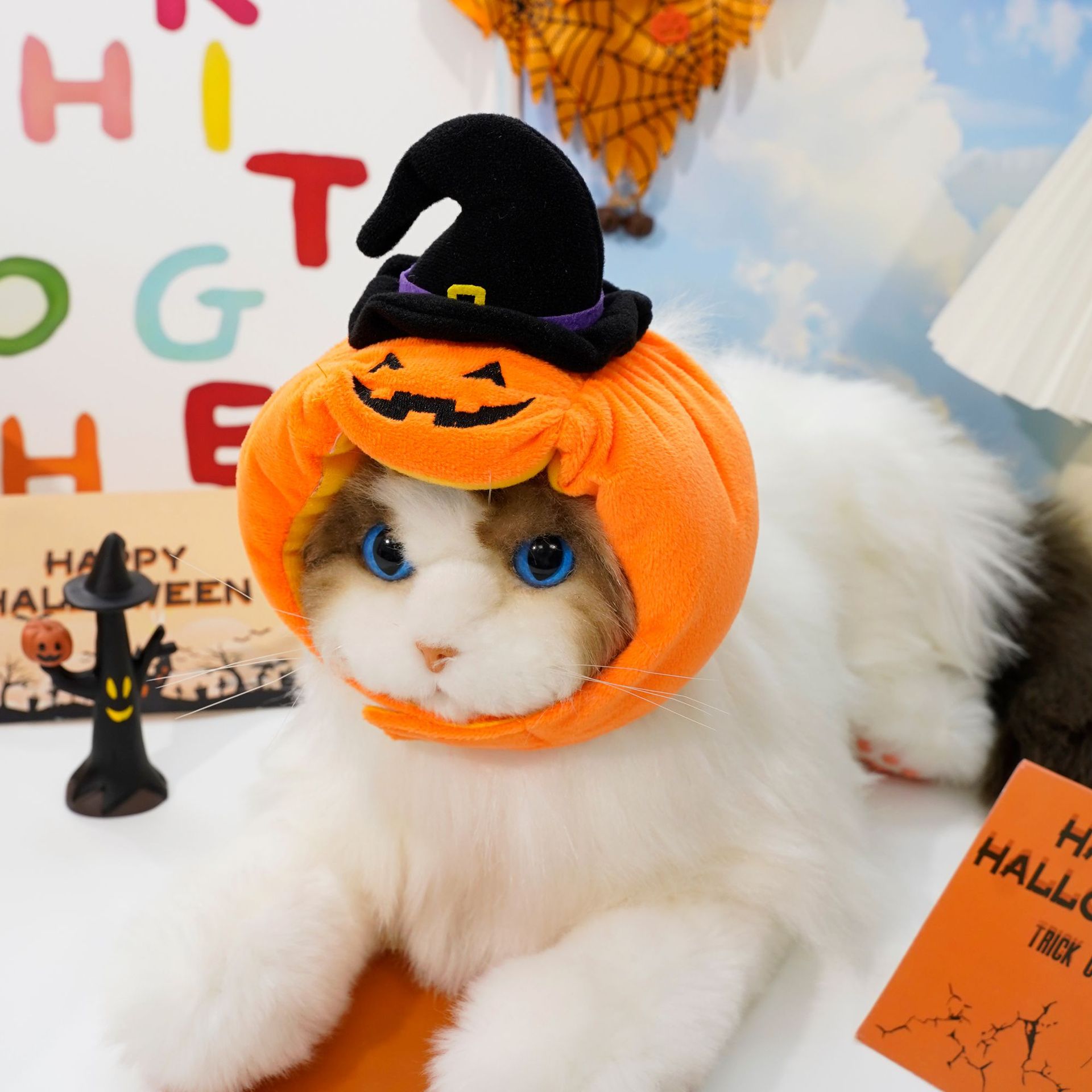 Halloween Pumpkin Hat for Cats - Adjustable Pet Costume with Witch Hat for…, 3 Piece