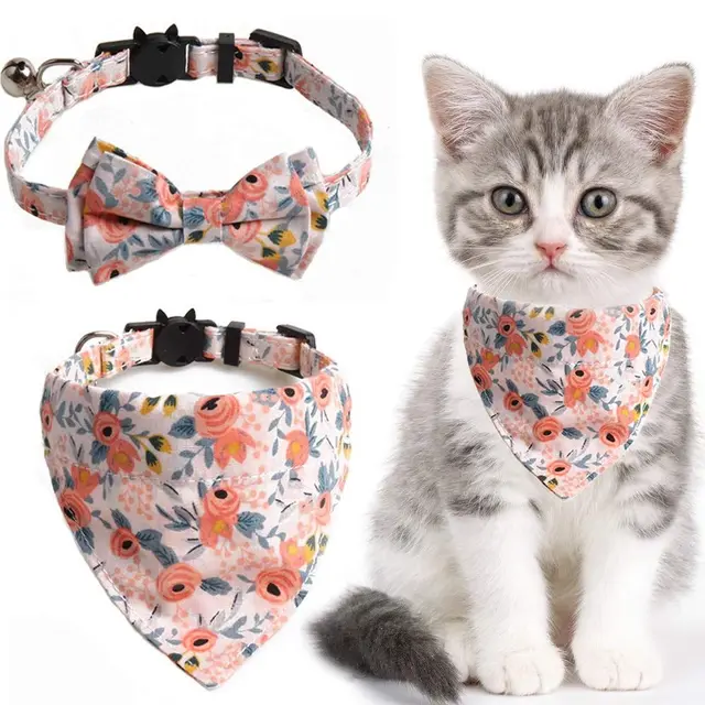 2 Pcs Sets Cat Collar Bandana Bells Set – Adjustable from 7.8"- 10.5"