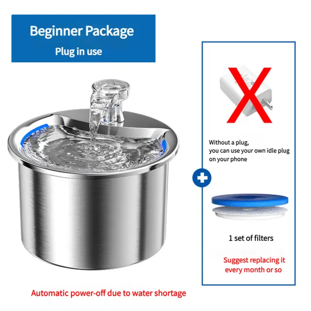 Beginner Package Stainless Steel Pet Water Fountain with Automatic Power-Off -Plug Not…