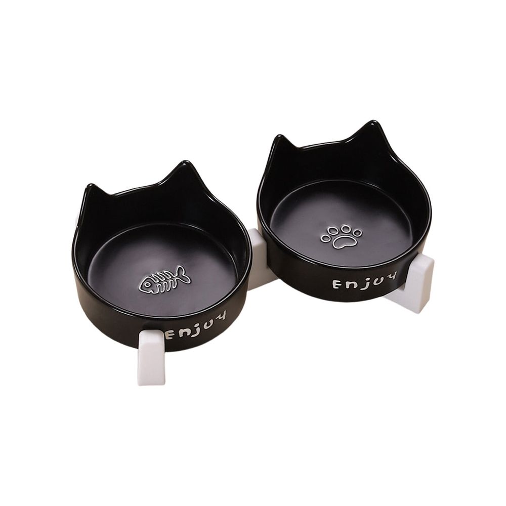 Ceramic Dog and Cat Bowl Set with Wooden Stand Non-Slip Matte Glaze Weighted…, White