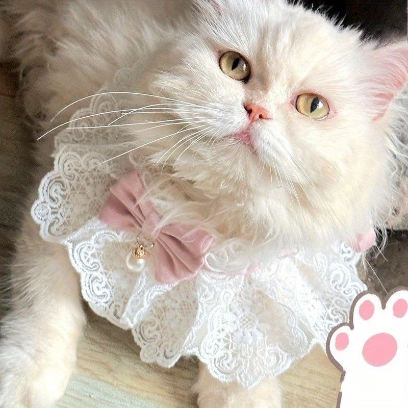 Cat Collar Lace Collar Cat Accessory Green Bow Pet Fashion High-Quality Pet - Burgundy… image 3