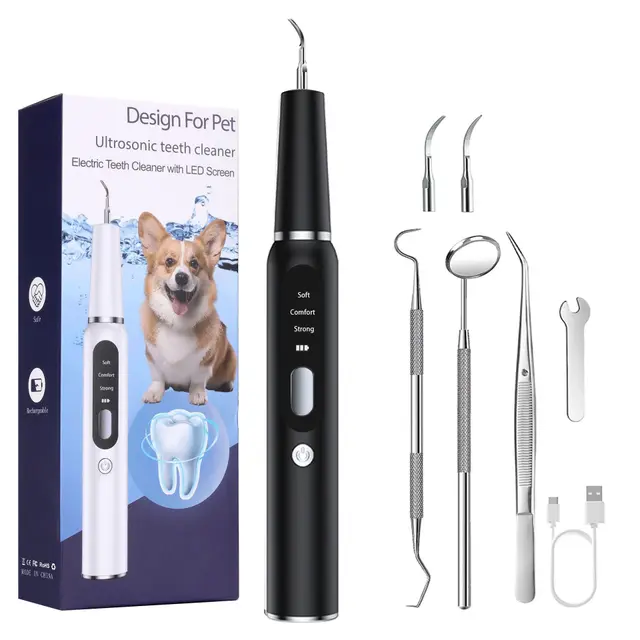 Black Professional Pet Dental Cleaning Kit - Ultrasonic Scaler, Tools & 3 Modes