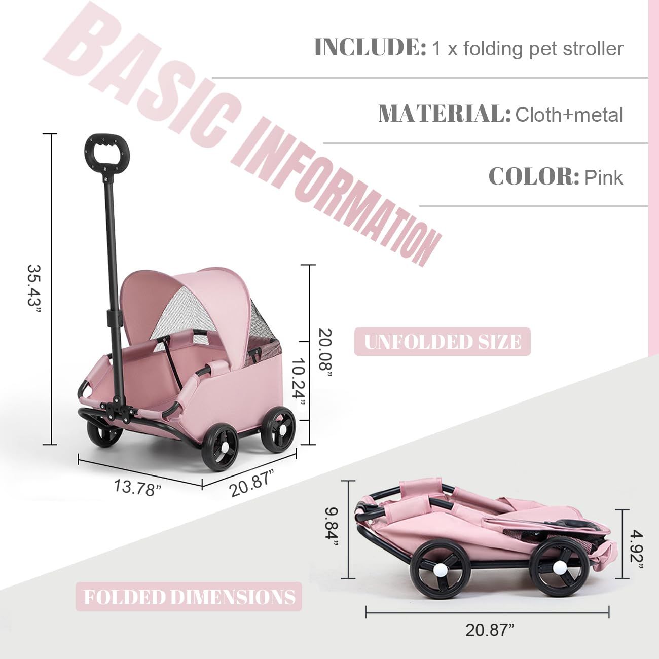 4-Wheel Dog Stroller with Sunshade Cover Collapsible Mesh Canopy Portable Pet…, Black image 5