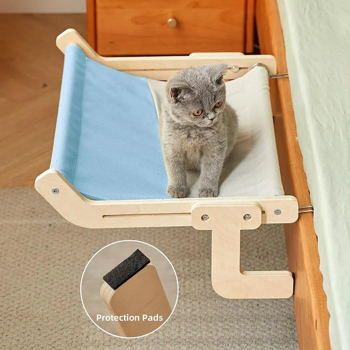 Window Hanging Cat Hammock Solid Wood Sun Bed Nest for All Seasons Durable - Grey+Blue image 10