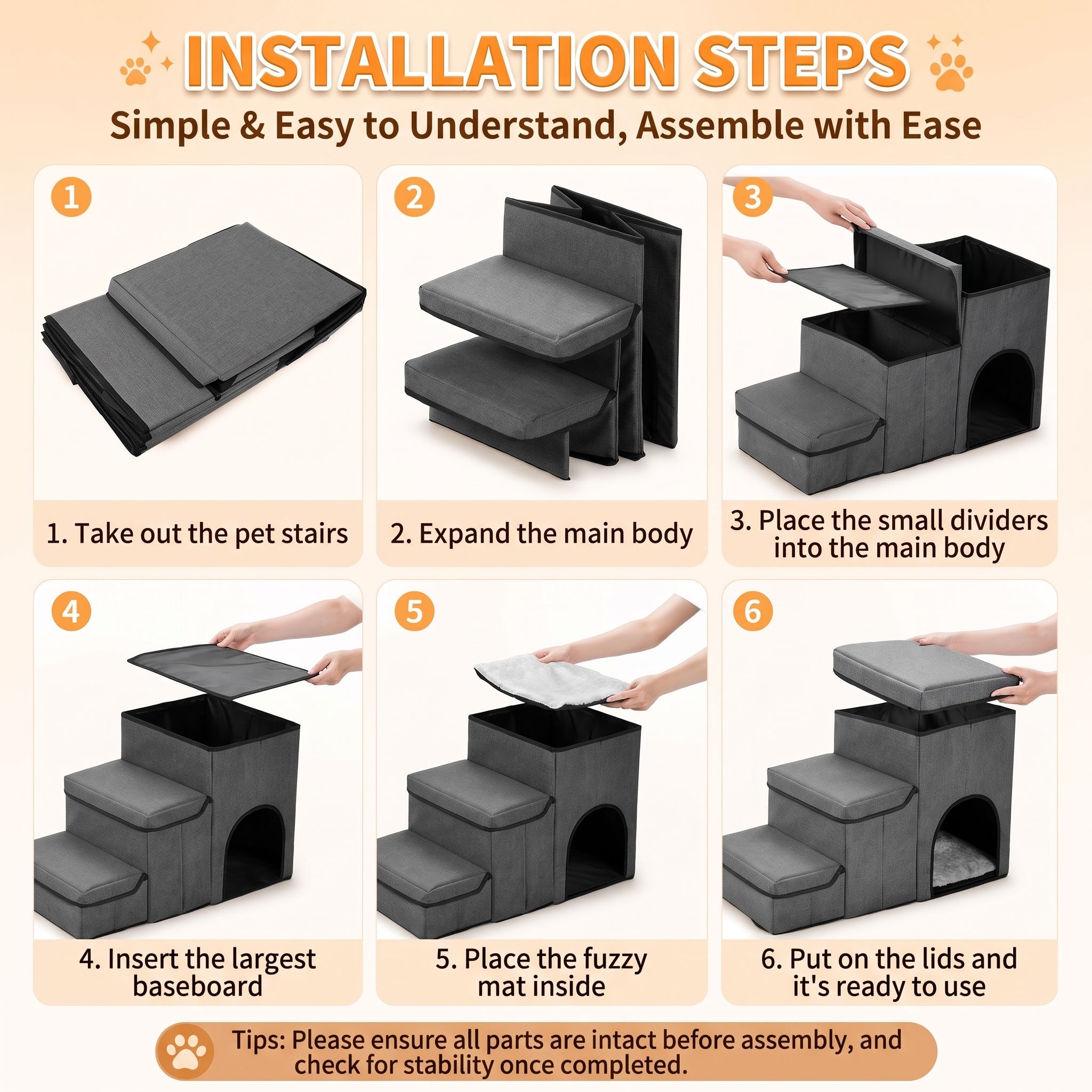 3-in-1 Pet Stairs with Built-in Pet Bed and Storage Compartments, Grey image 7