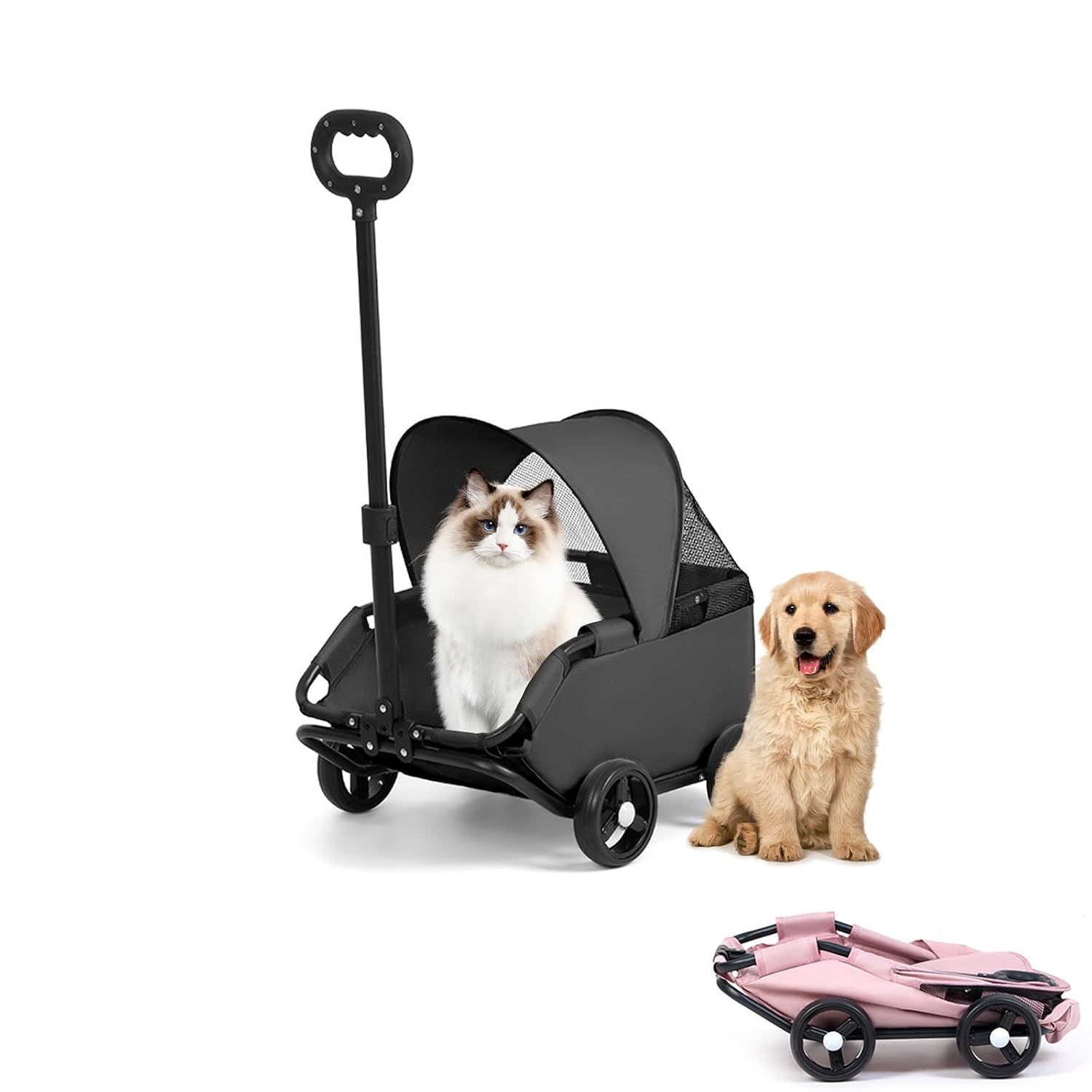 4-Wheel Dog Stroller with Sunshade Cover Collapsible Mesh Canopy Portable Pet…, Pink image 9
