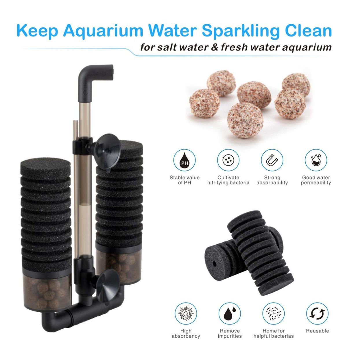 Aquarium Double Sponge Filter, Comes with 2 Spare Sponges - Black - Size S image 5
