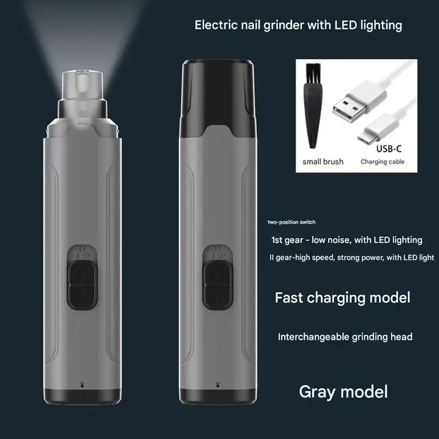 Grey Quiet Electric Pet Nail Grinder with LED Light - 2-Speed USB-C Rechargeable…