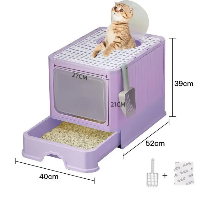 Top-Entry Cat Litter Box with Drawer-Enclosed Design, Purple