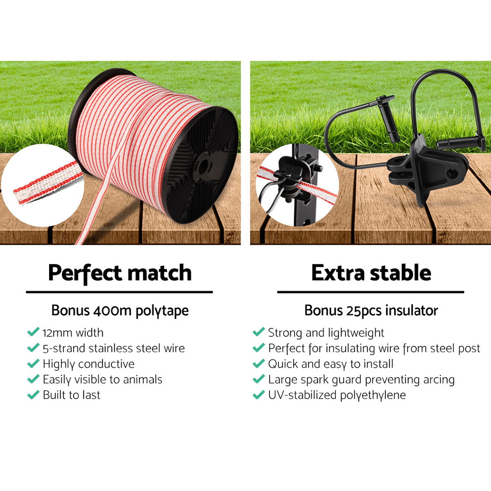 Giantz Fence Energiser 8KM Solar Powered Electric 400M Poly Tape Insulator image 5