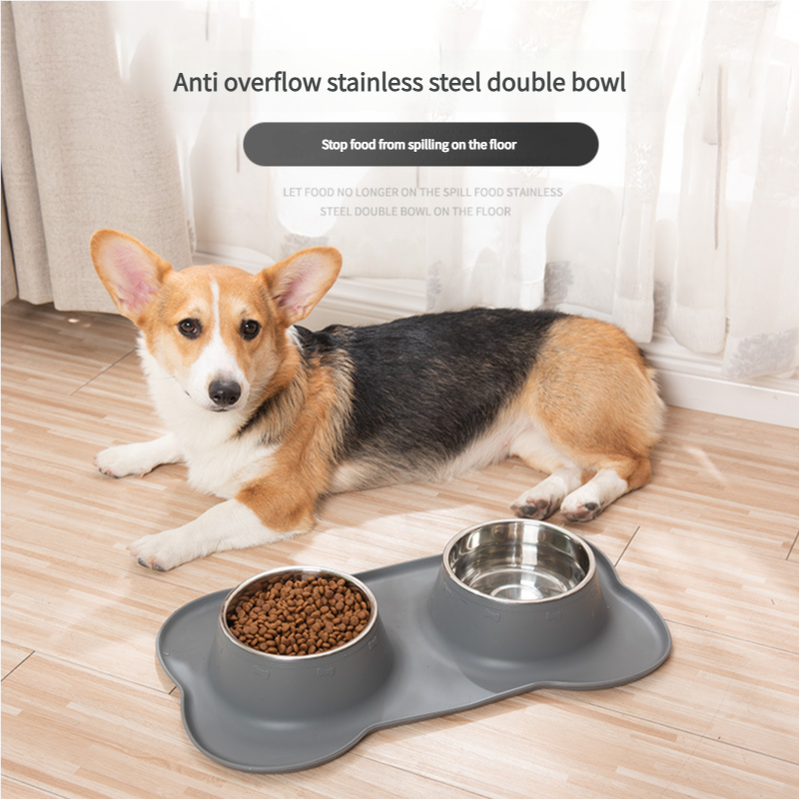 Non-Slip Stainless Steel Double Pet Bowl Set with Spill-Resistant Silicone Mat 45*27cm… image 2