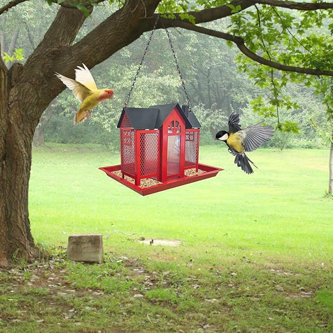 Charming House-Shaped Hanging Bird Feeder - Durable Metal Design for Wild Birds, Yellow image 6
