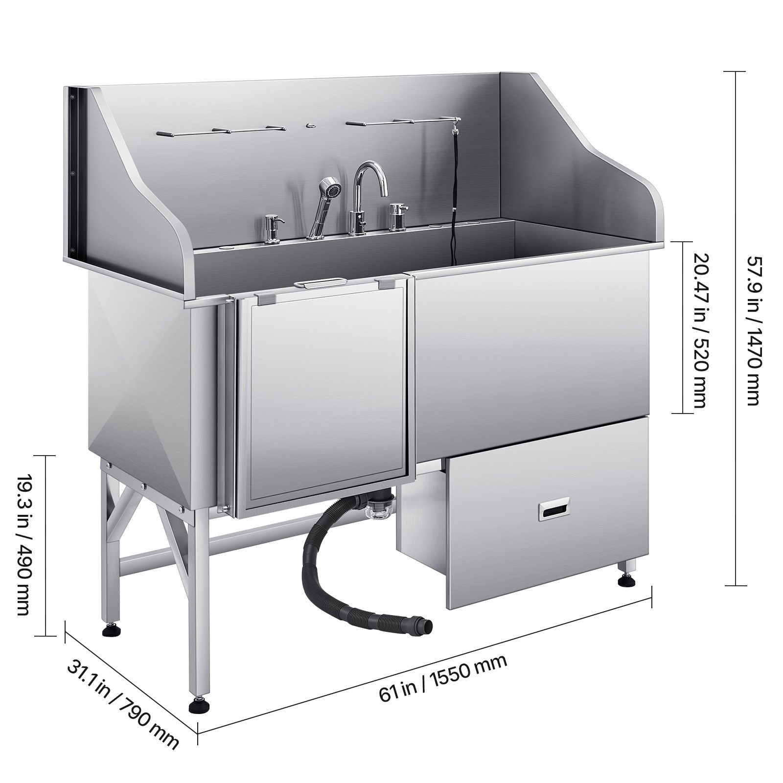 155 cm Dog Grooming Bath Tub Stainless Steel w Ramp Water Filter Left image 8