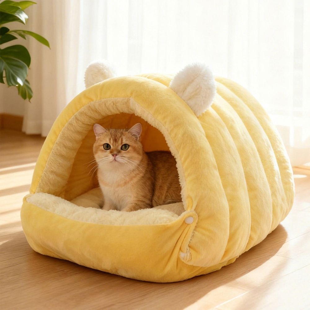 Yellow S Plush Tree Hole Nest For Cats And Small Dogs Winter Warm Semi Enclosed Bed image 3