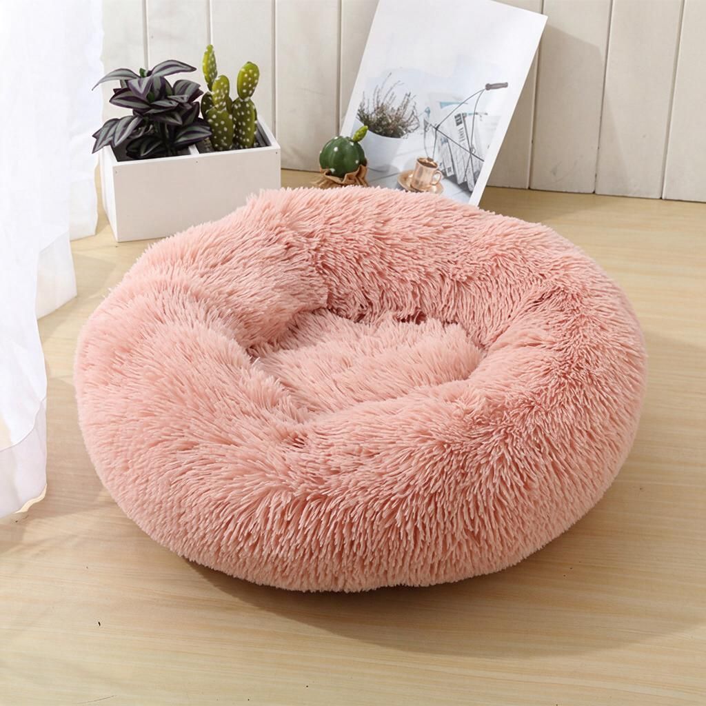 Round Warm Faux Fur Pet Bed Washable 110cm Giant Light Pink Furry Donut Cushion for…
