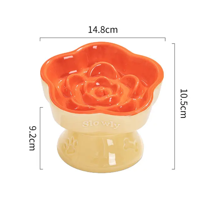 Khaki and Orange Ceramic Slow Feeder Pet Bowl for Cats and Small Dogs - Anti-Choke…