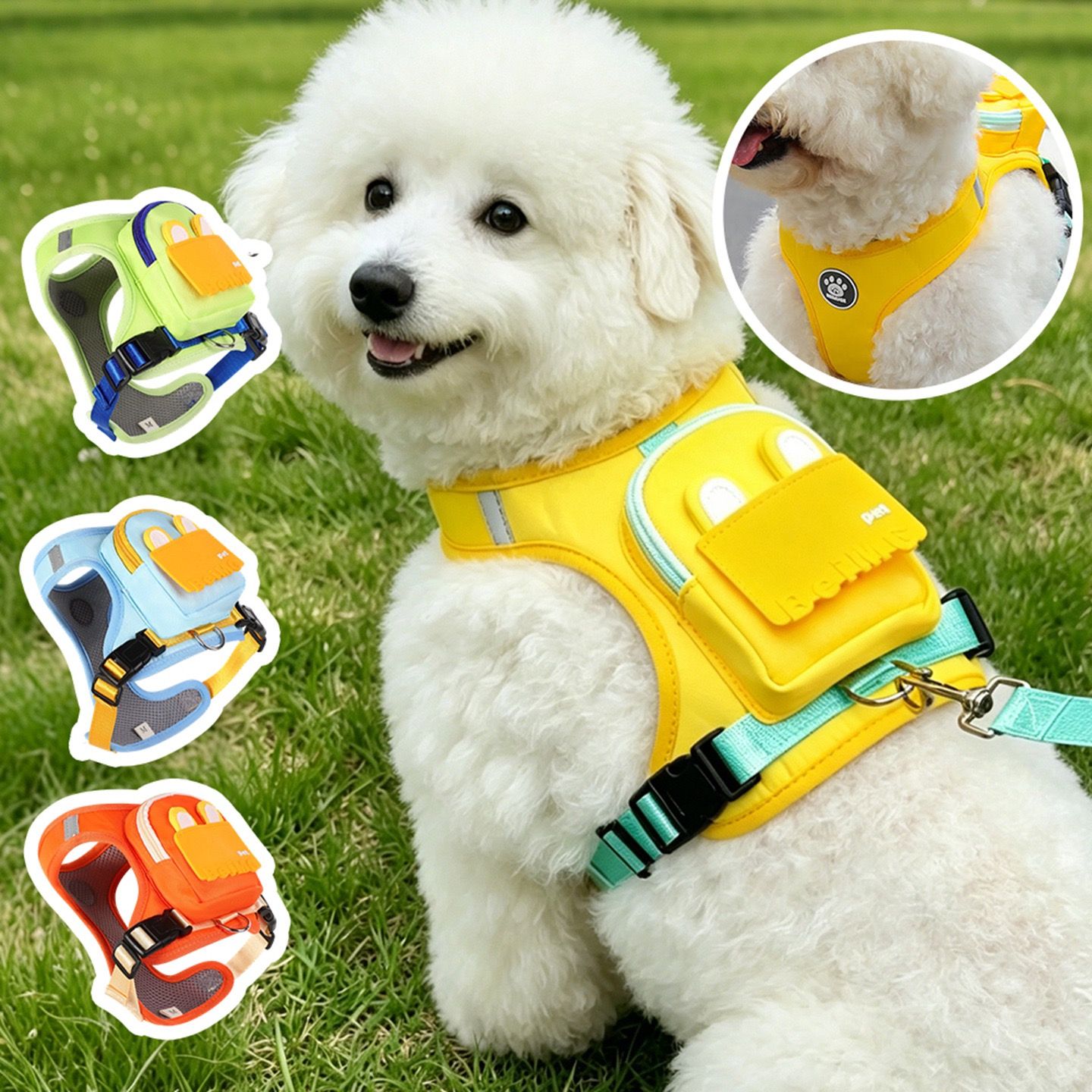 Stylish Color-Block Dog Backpack Harness with Built-in Poop Bag Dispenser – No-Pull… image 3