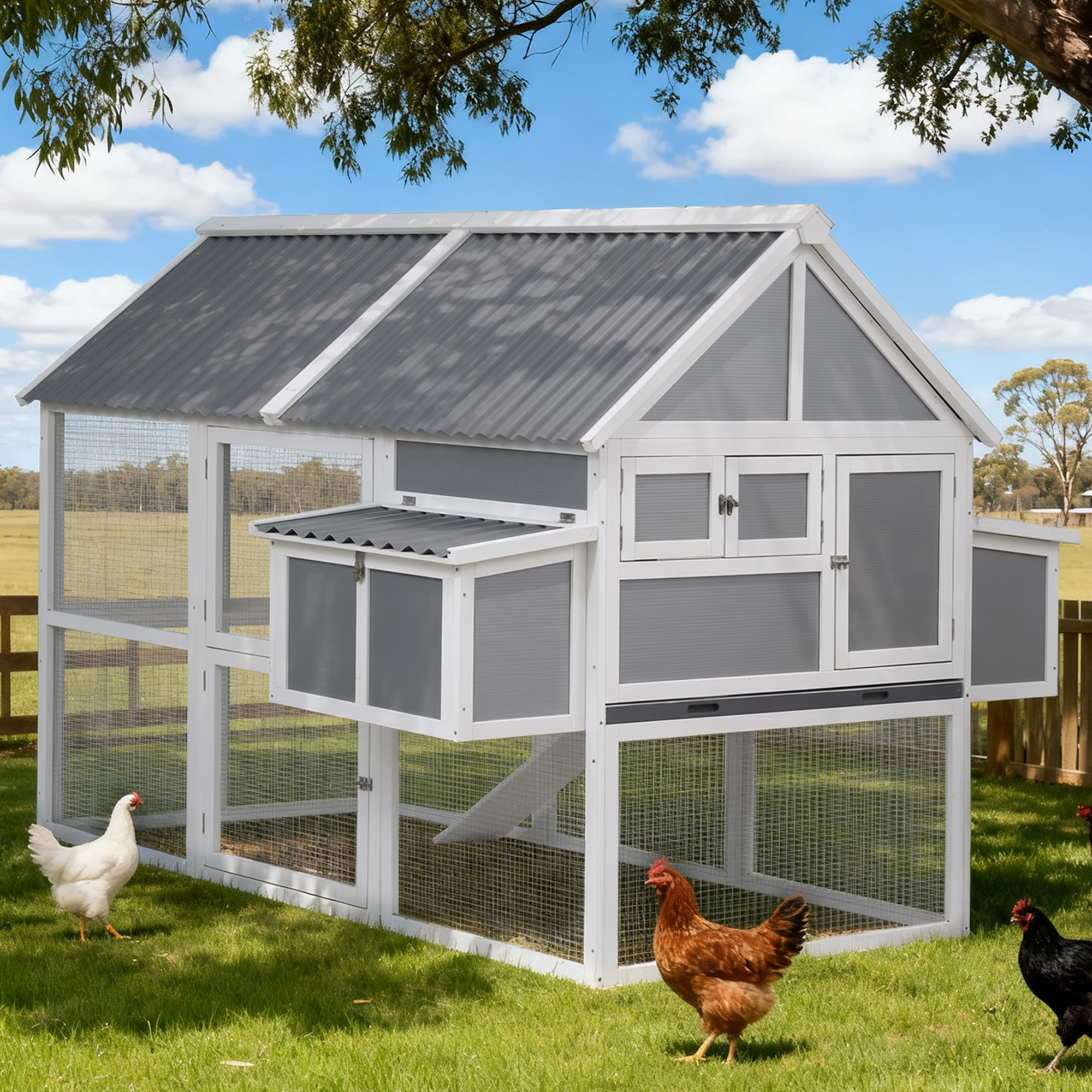 i.Pet Chicken Coop Large Outdoor Rabbit Hutch Chook House Hatch Box With Run Grey White image 7