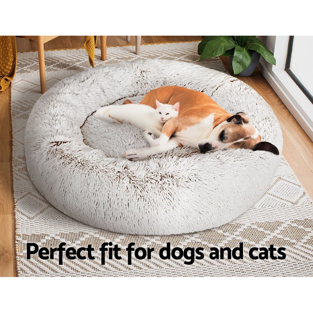 i.Pet Pet Bed Dog Cat 90cm Large Calming Soft Plush White Brown image 7