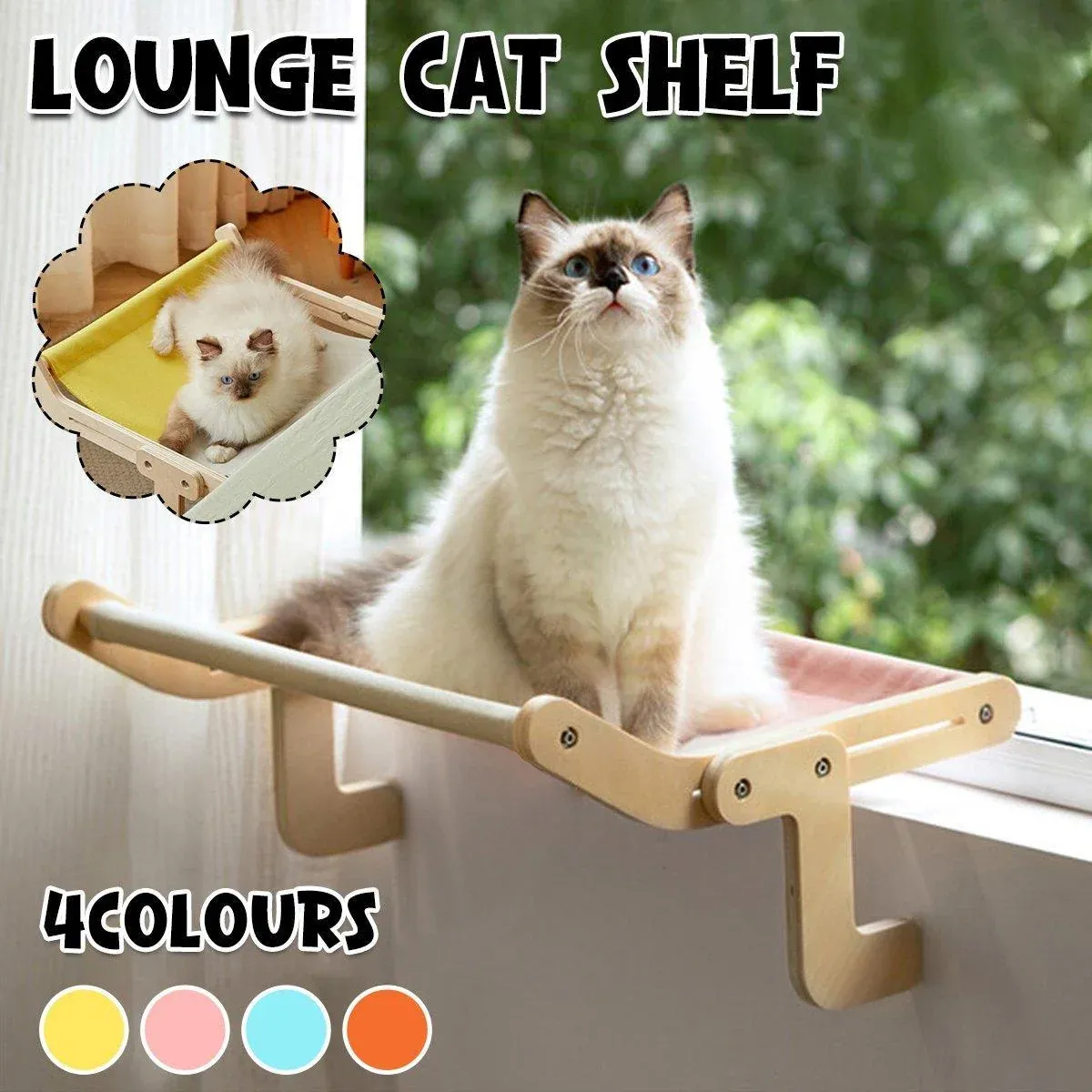 Window Hanging Cat Hammock Solid Wood Sun Bed Nest for All Seasons Durable - Grey+Yellow image 2