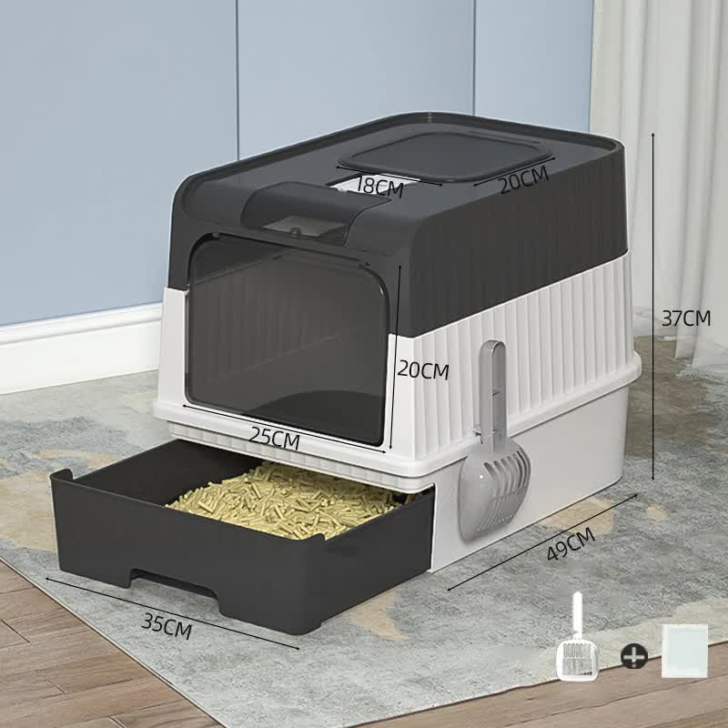 Black Large Enclosed Cat Litter Box with Drawer and Scoop-Odor Control image 2