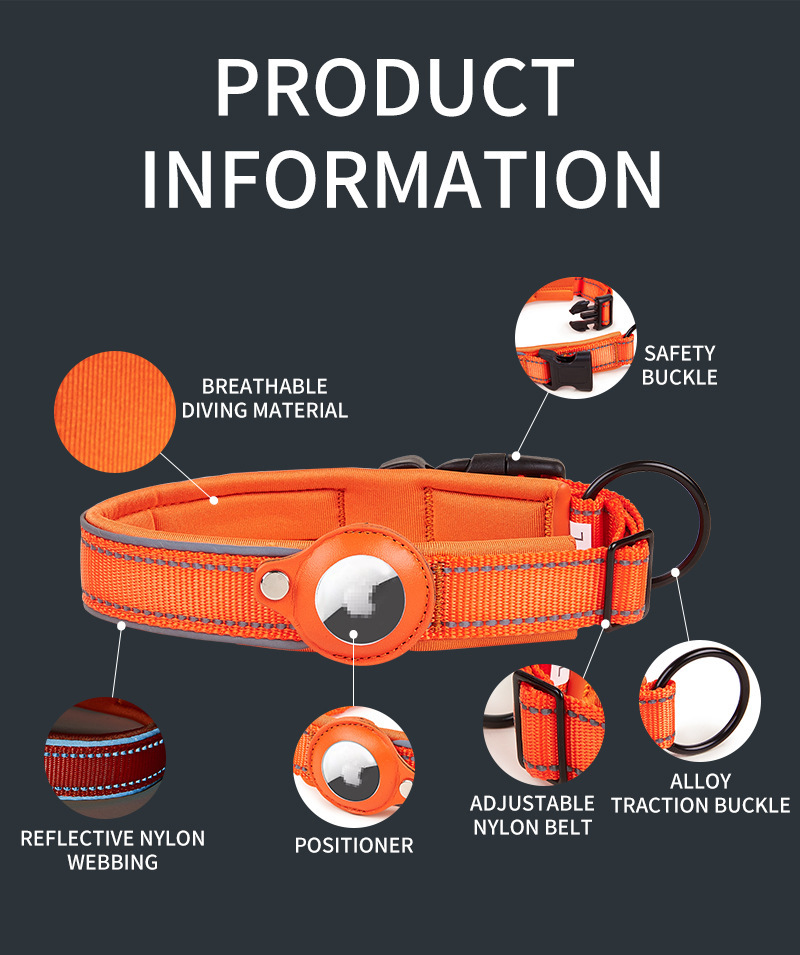 Size M Orange Reflective Adjustable Anti-Lost Pet Collar (For Apple AirTag - Collar Only image 7