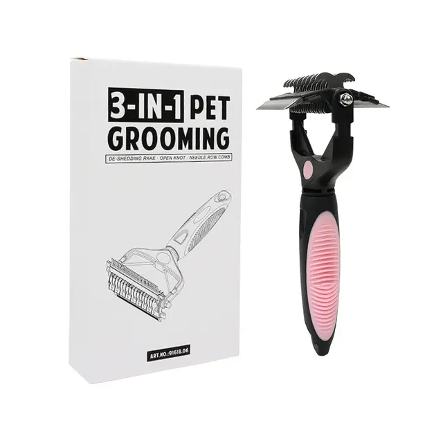 Pink and Black Professional 3-in-1 Pet Grooming Tool - Dematting Rake