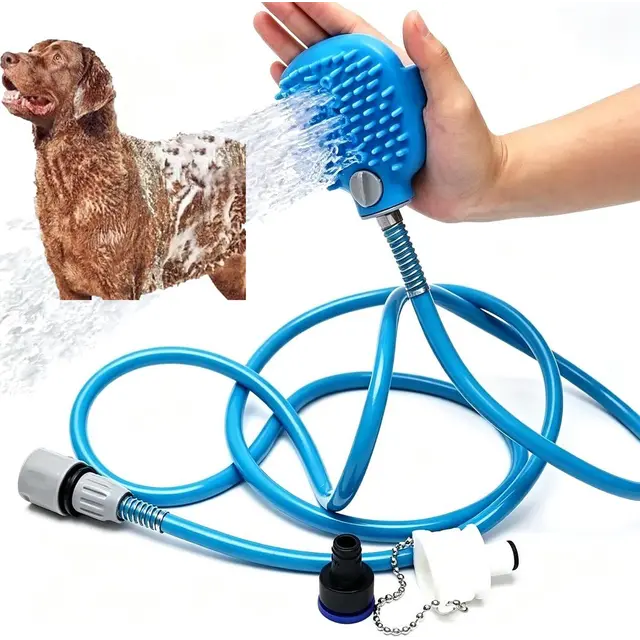 Pet Shower Head with Bath Brush 2 in 1 Dog and Cat Washing Sprayer with Hose…, Blue