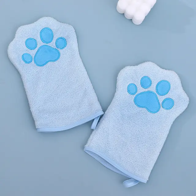Adorable Pet Paw Grooming & Drying Mitt - Super Absorbent Fleece Material, Blue
