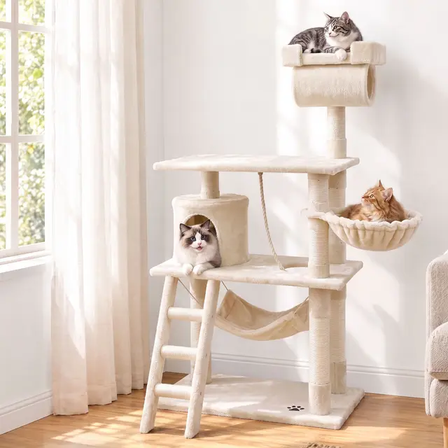 i.Pet Cat Tree 141cm Tower Scratching Post Scratcher Condo Wood House Bed Beige