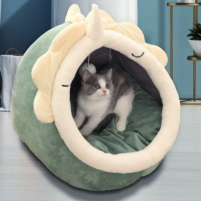 Green Half-Enclosed Cat Bed - Soft Short Velvet Fabric with Sponge +…, 35 × 35 × 30cm