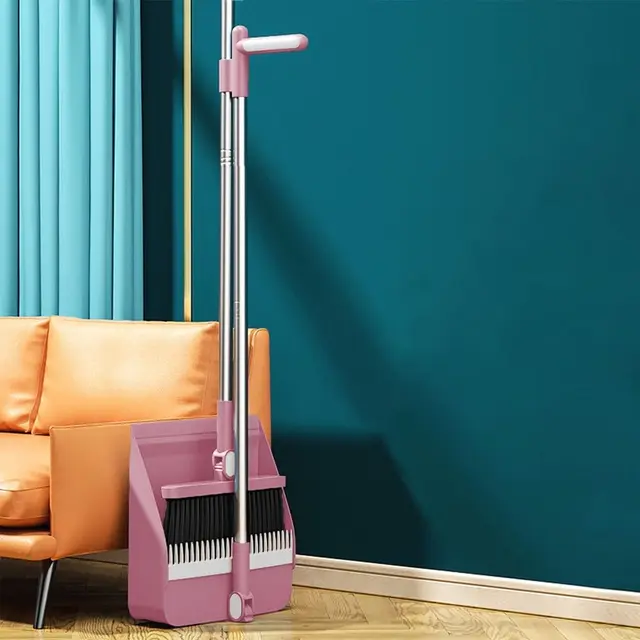 Pink Rotatable Broom and Dustpan Set with Self-Cleaning Scraper Teeth