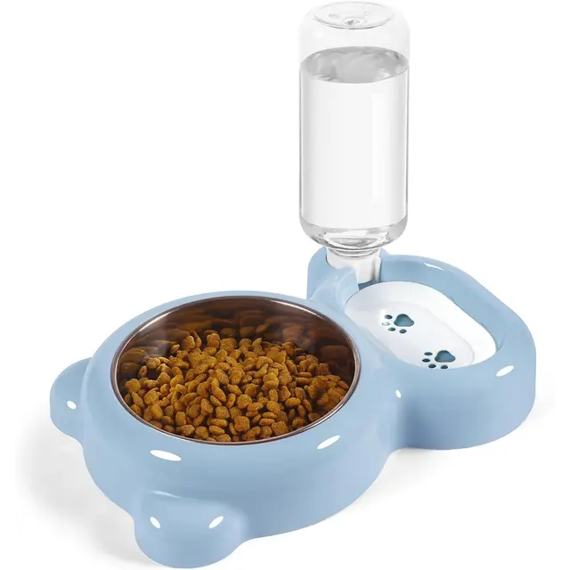 Cat Food and Water Bowl 2 in 1 with Automatic Water Dispenser Light Blue, 500 ml