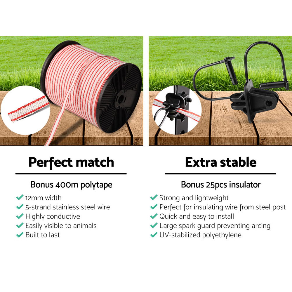 Giantz Fence Energiser 3KM Solar Powered Electric 400M Poly Tape Insulator image 5